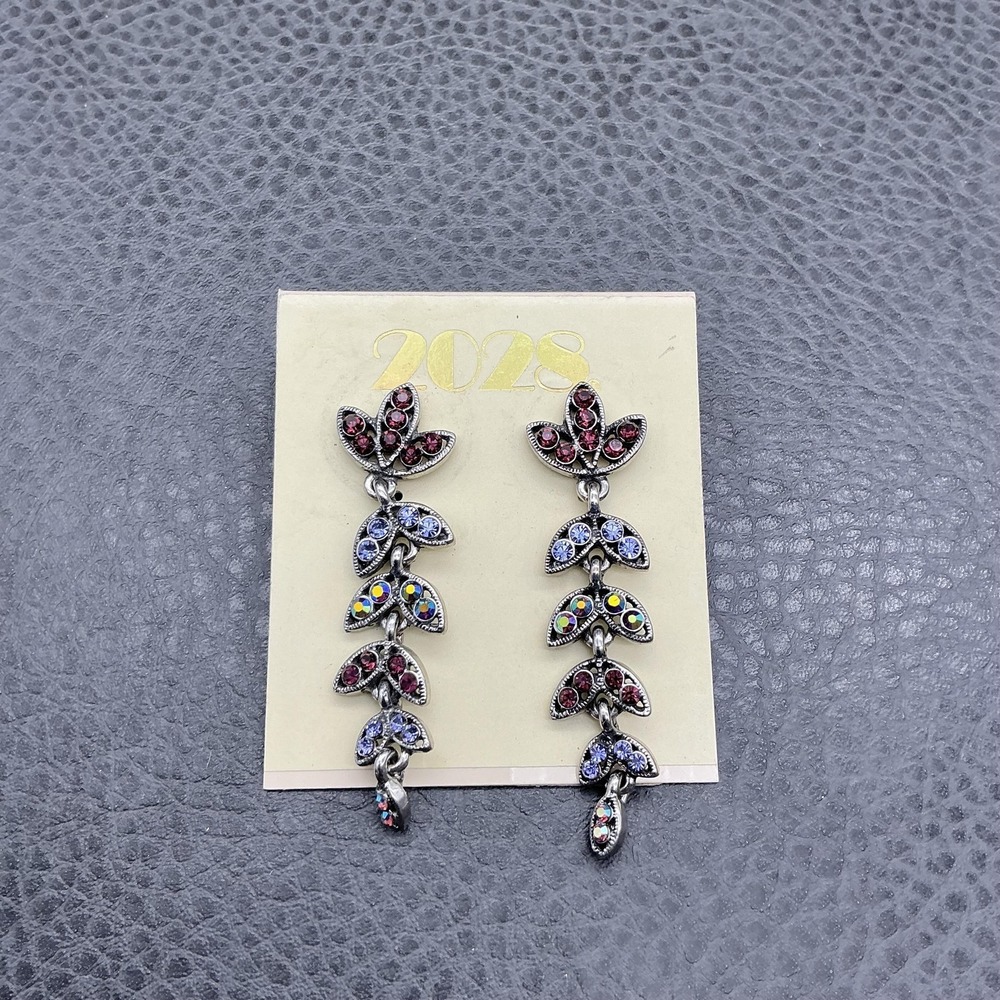 2028 Leaf‎ Vine Dangle Earrings Silver Tone Multicolor Rhinestone Womens 2 Inch
